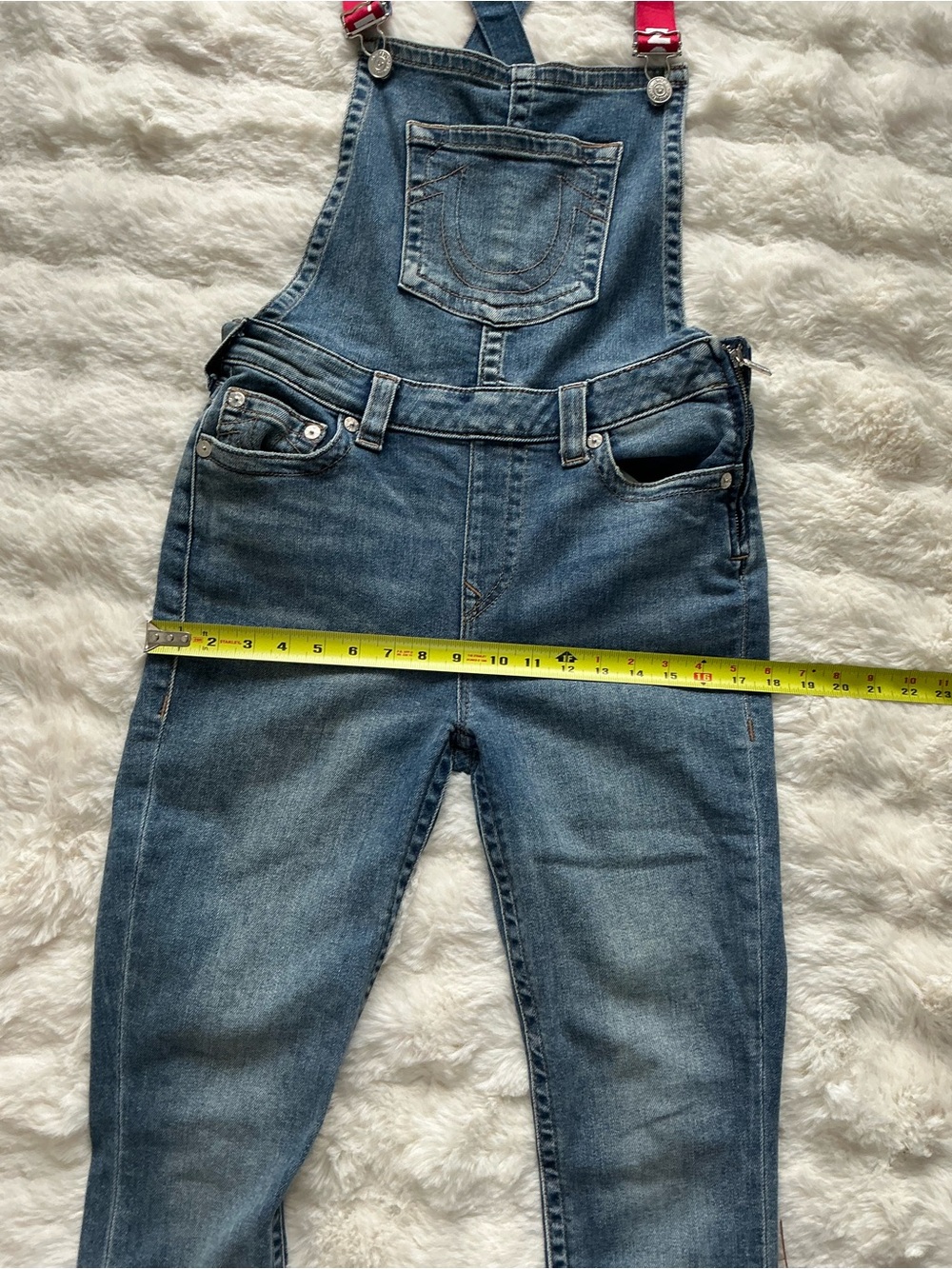 True Religion Blue Denim Overalls with Maroon Branded Straps - Picture 5 of 9